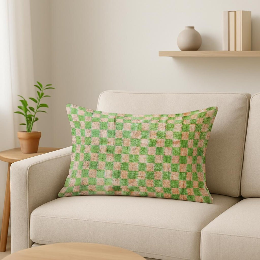 Strasbourg – Bold Grid Pattern – Green Ochre Harmony – Ikat Velvet – Contemporary Eclectic Accent