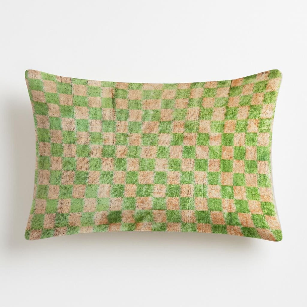 Strasbourg – Bold Grid Pattern – Green Ochre Harmony – Ikat Velvet – Contemporary Eclectic Accent